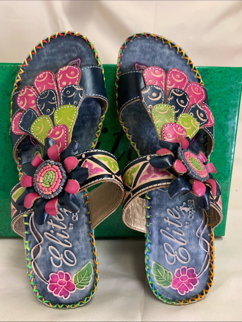 Elite by Corkys Navajo Leather Floral Wedge Sandals Multi Color Slides Size 7